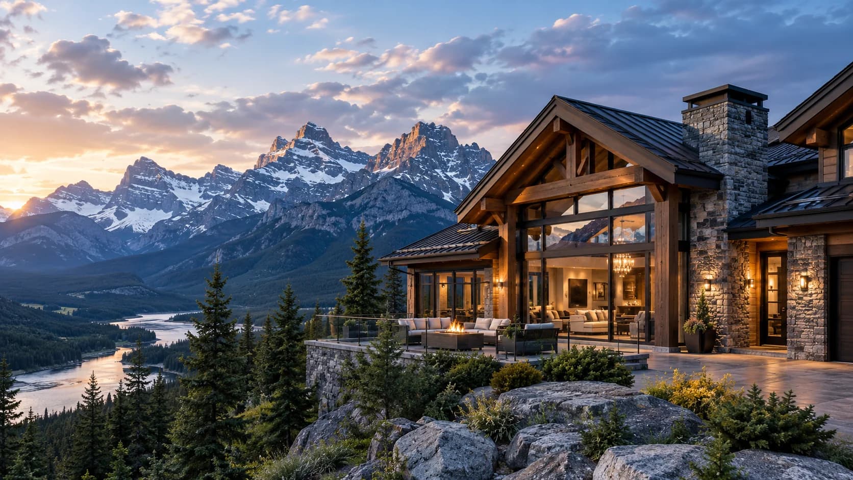 Timber and stone mountain home at sunset with Rocky Mountain peaks behind